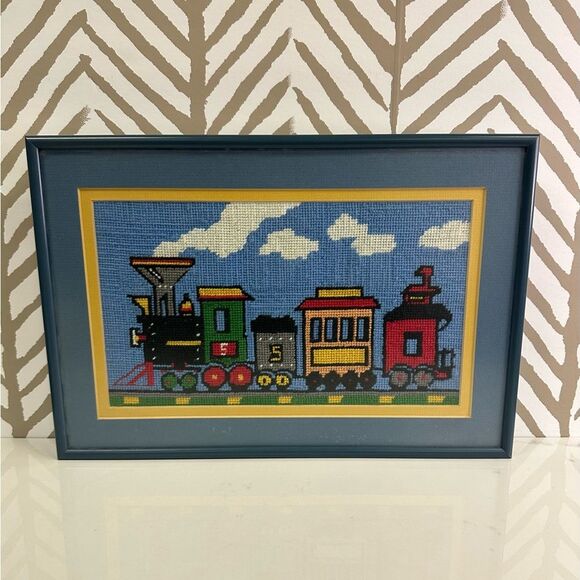 Vintage Professionally Framed Needlepoint Train Locomotive Handmade Wall Art